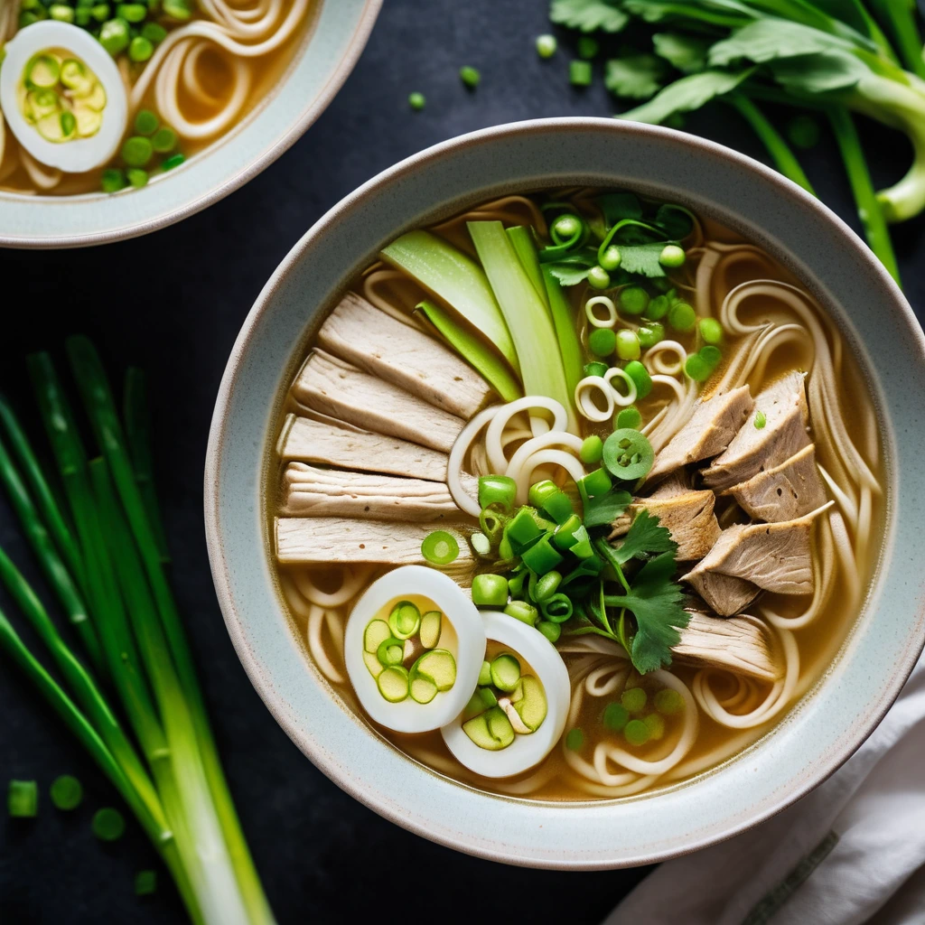 A steaming bowl of golden soup with chunks of chicken, egg noodles, and green scallion slices.