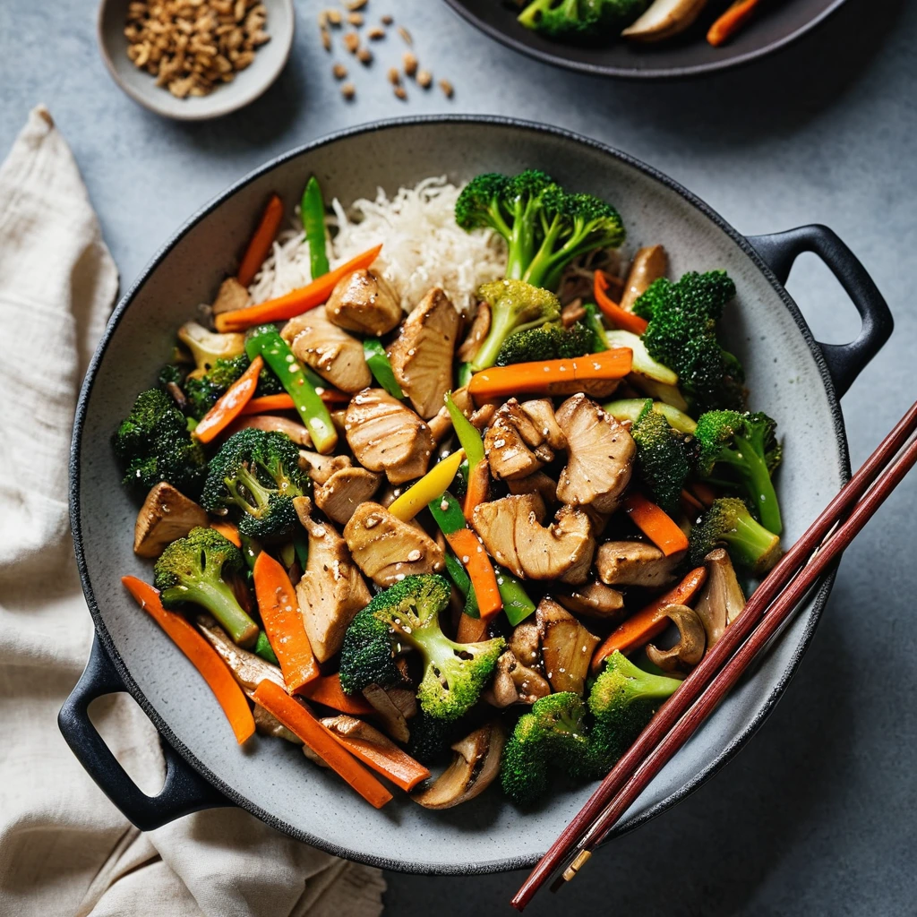 Colorful stir fry in a sizzling pan with chicken, broccoli, carrots, and peppers, drizzled with sauce.