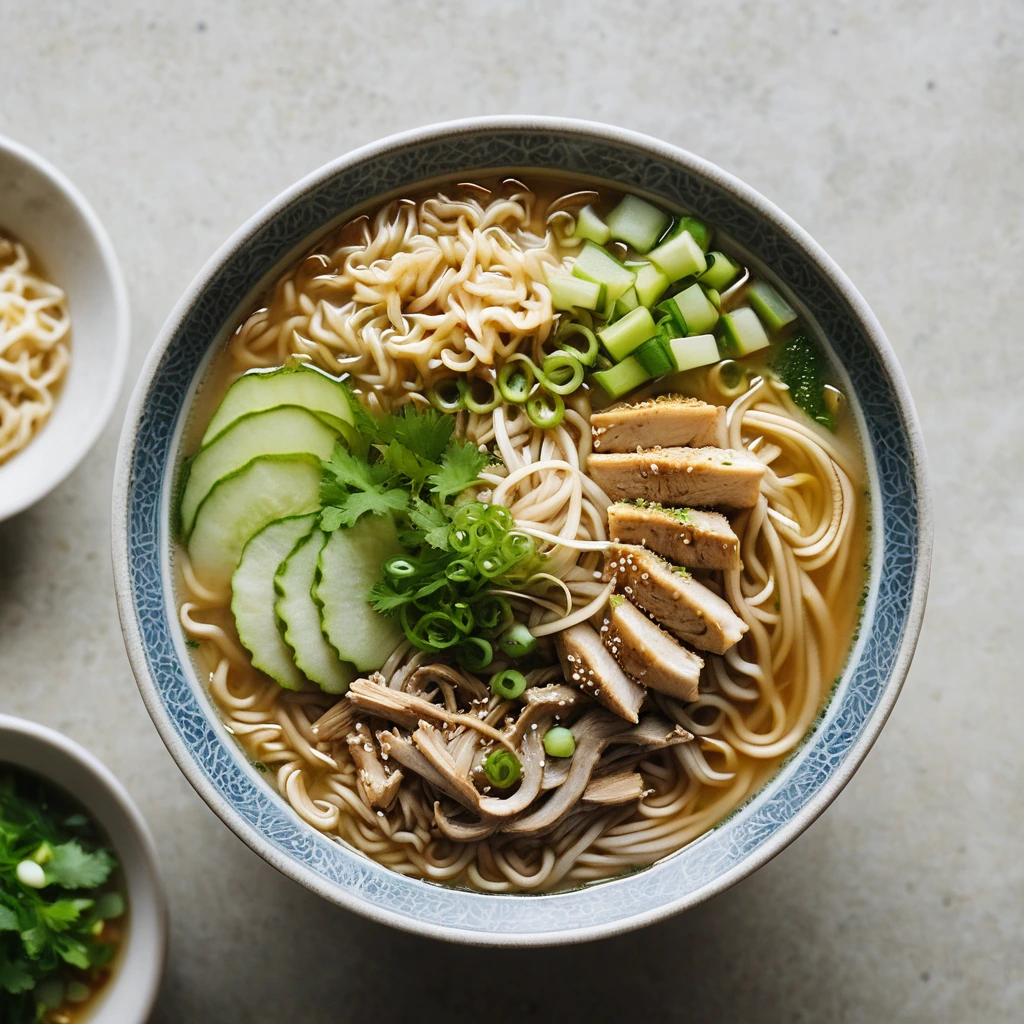 Bowl of ramen with shredded chicken, green onions, and sesame seeds in a golden broth.