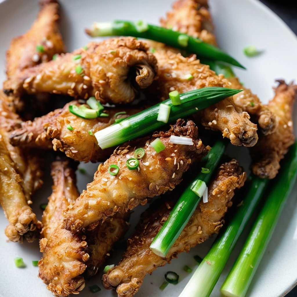 Golden brown chicken wings garnished with chopped scallions and crispy garlic slivers on a white plate.