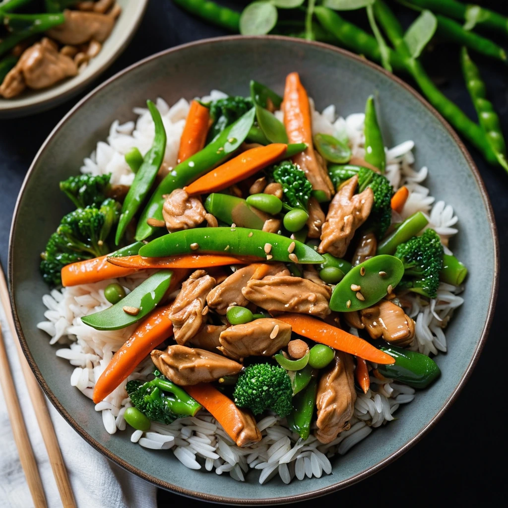 Colorful stir fry in a skillet with chicken, snap peas, and carrots in a glossy sauce.