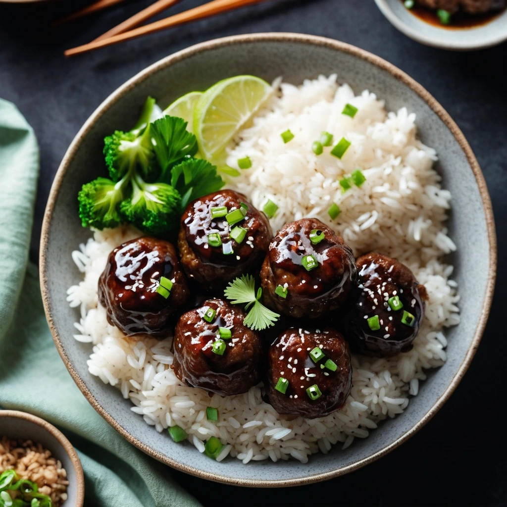Steamed white rice topped with golden-brown pork meatballs in a glossy dark glaze, garnished with chopped green onions.