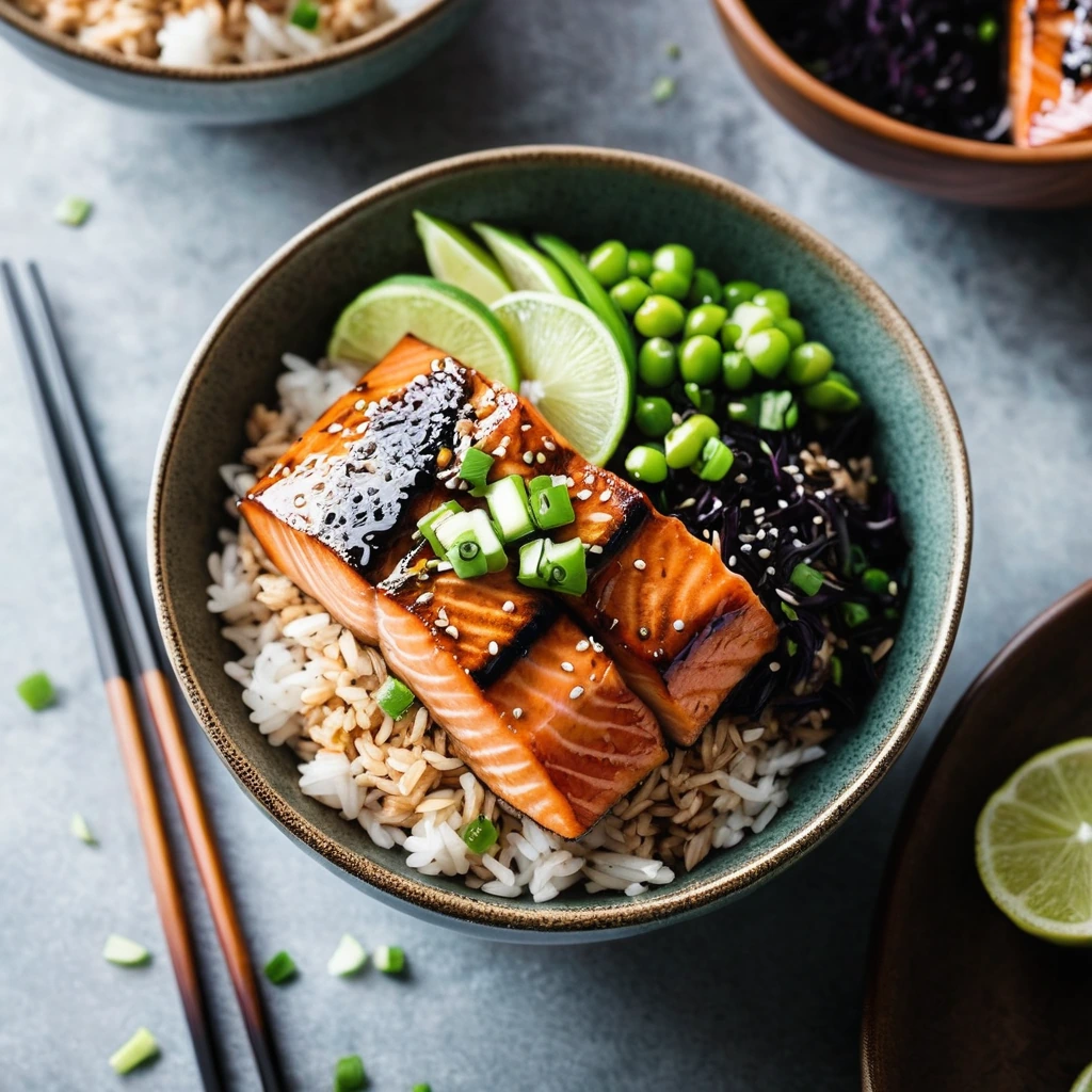 Bowl of fragrant rice topped with glazed salmon fillet, green onions, and sesame seeds
