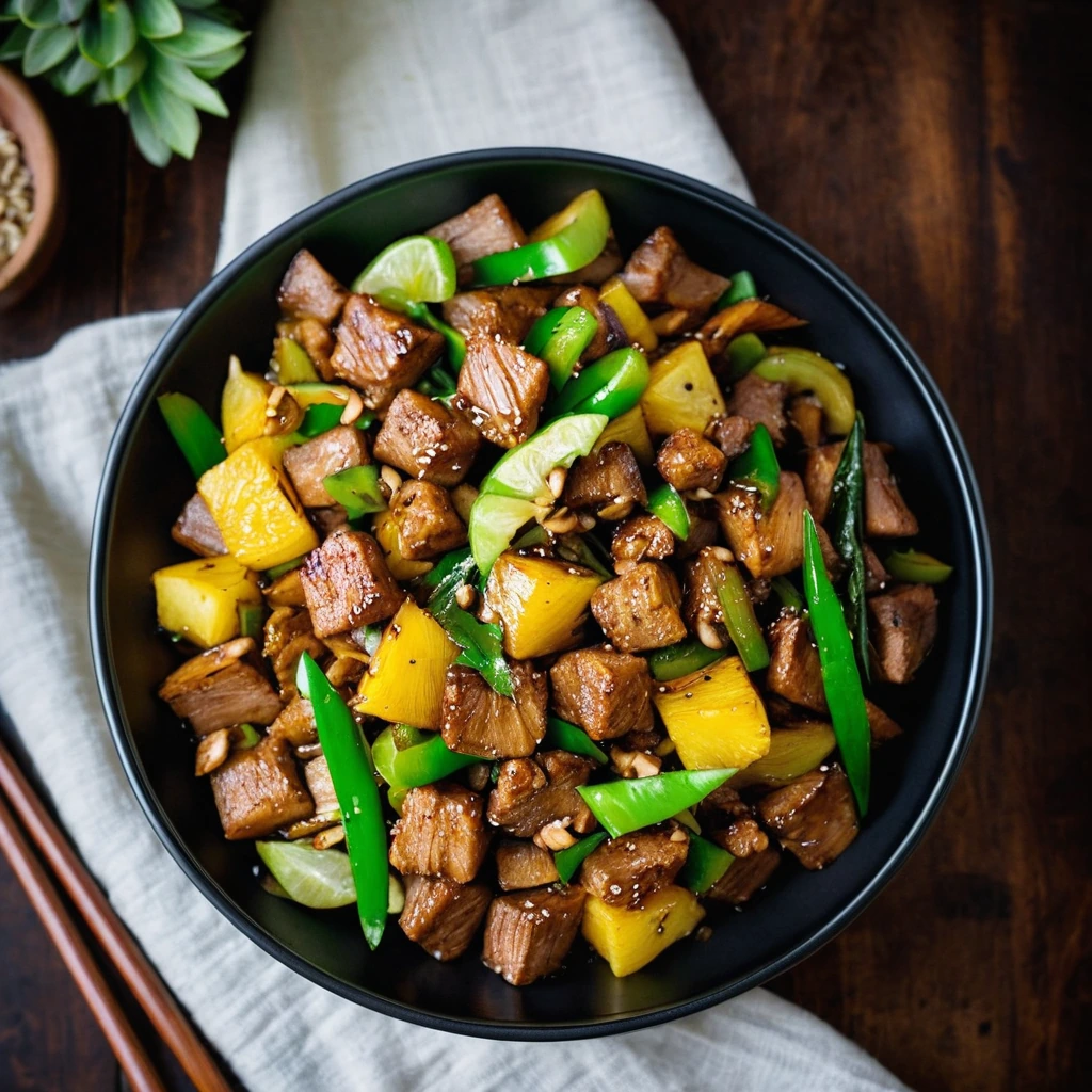 Colorful stir-fry in a skillet with pineapple chunks, pork, and green peppers.