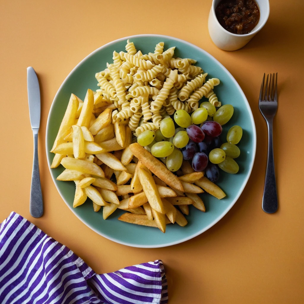 Colorful plate with fries, mac and cheese, grapes, and pickles artfully arranged.