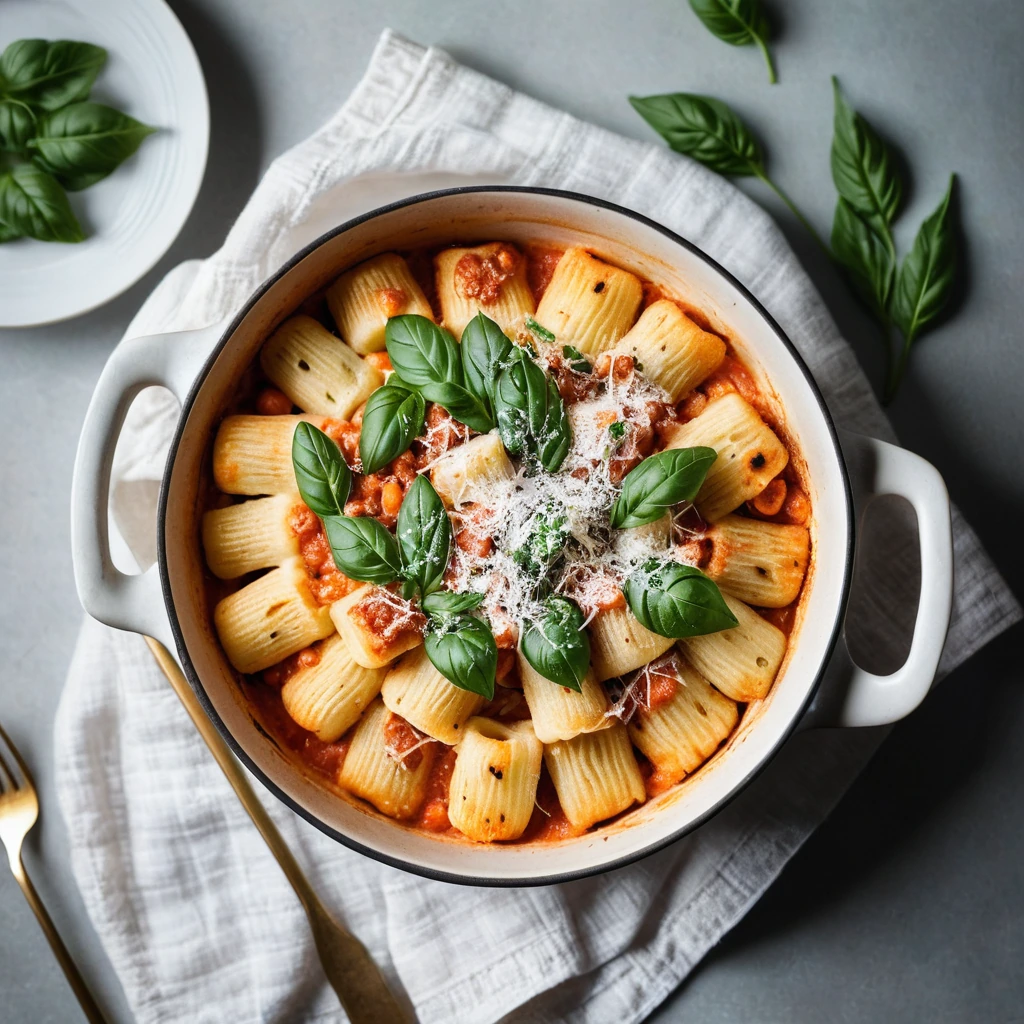 golden bubbly casserole dish filled with pillowy gnocchi smothered in melted mozzarella and tomato sauce