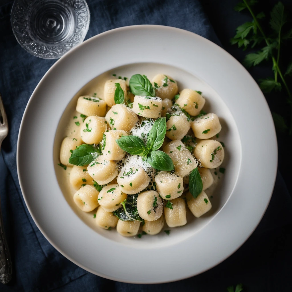 Pillowy gnocchi in a golden, creamy sauce, garnished with fresh parsley and Parmesan shavings on a rustic plate.
