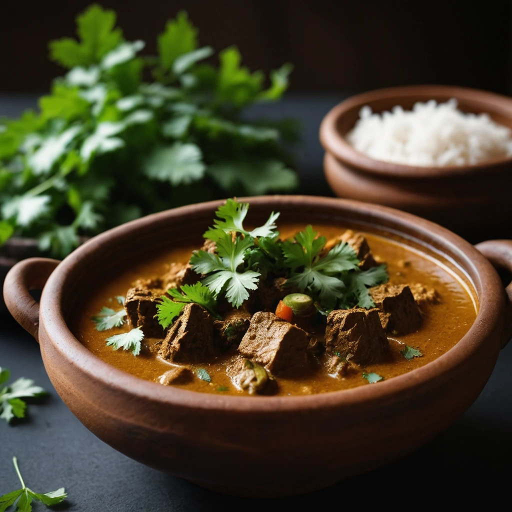 Rich brown curry in a clay pot with green cilantro garnish