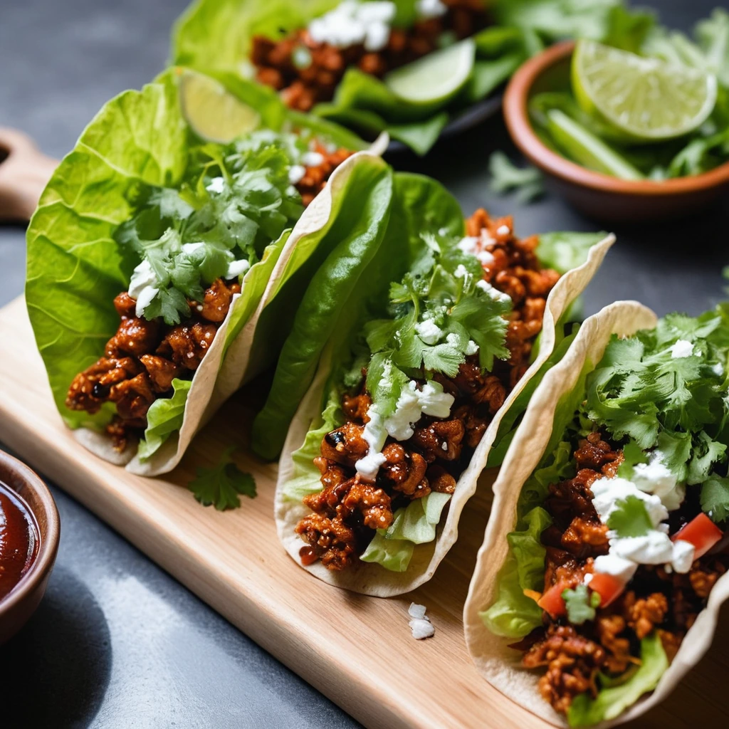 Plump chicken pieces in glossy red sauce, scooped into vibrant green lettuce cups.
