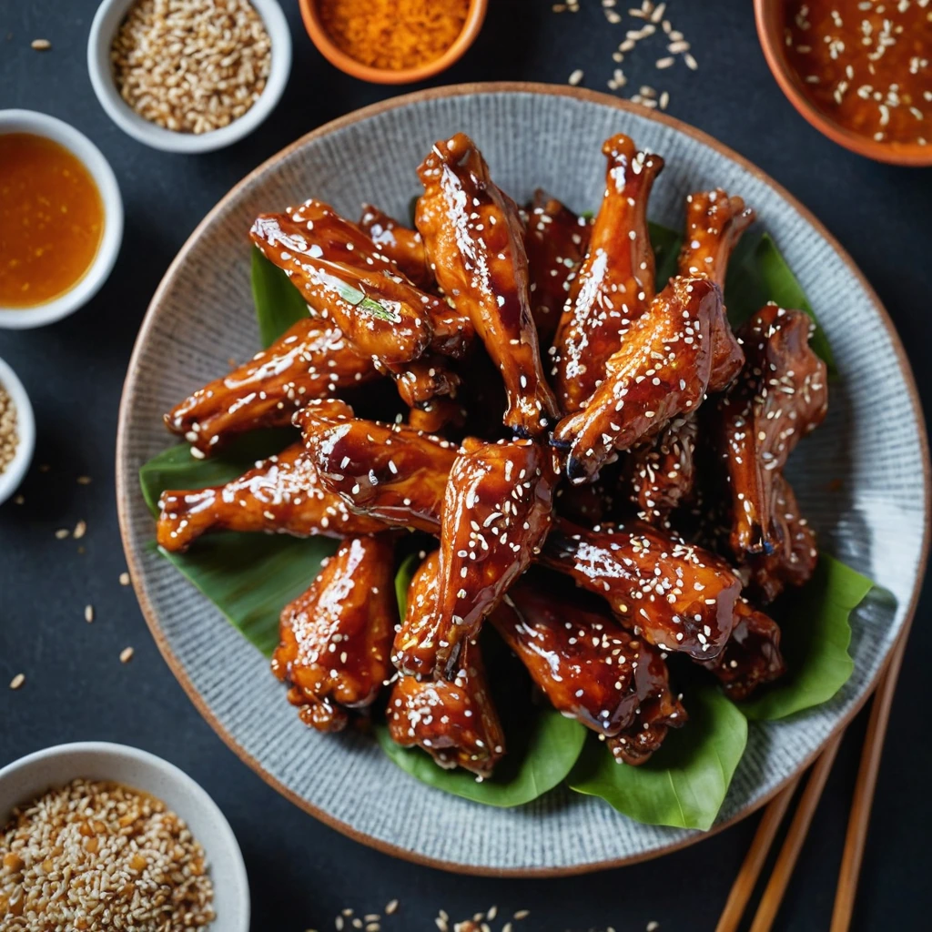 golden chicken wings glazed with a vibrant orange sauce, sprinkled with sesame seeds, arranged on a serving platter.