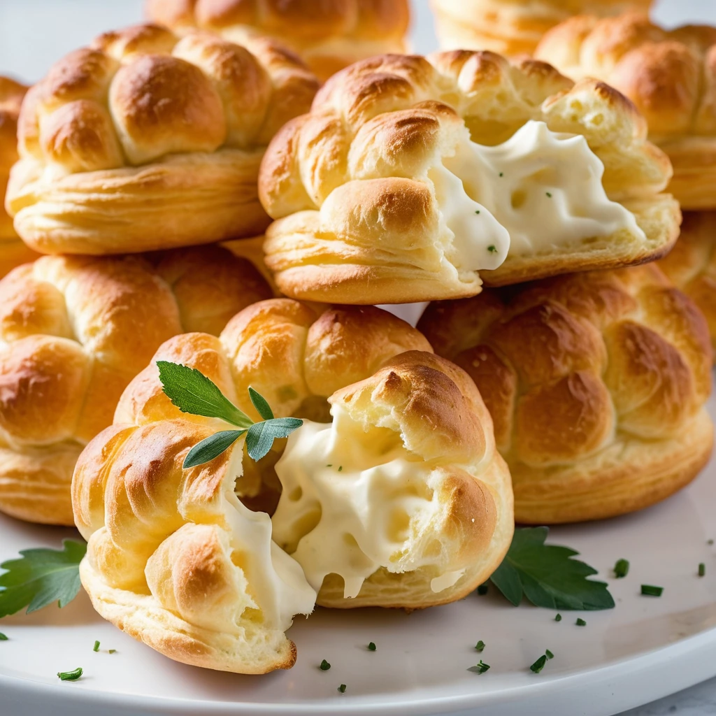 Golden brown cheese puffs arranged on a white plate with a sprinkle of green chives.