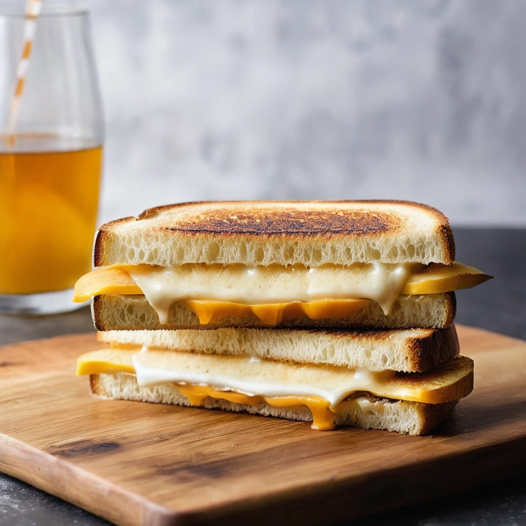 golden brown sourdough sandwich oozing with melted cheddar and brie, served on a rustic wooden board