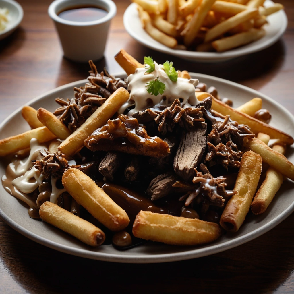 Steaming bowl of poutine with golden fries, melted cheese curds, crispy duck pieces, and brown gravy.