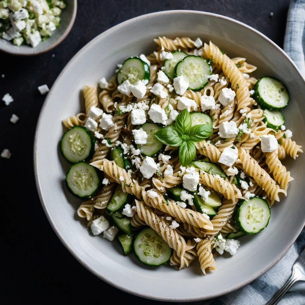 Tangle of golden pasta topped with grilled chicken, diced cucumbers, and crumbles of white feta cheese.