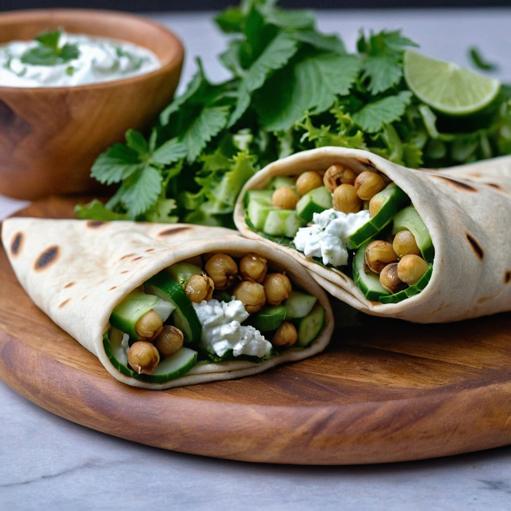 Warm pita wraps stuffed with green cucumber, golden chickpeas, and a drizzle of white tzatziki sauce on a rustic wooden board.