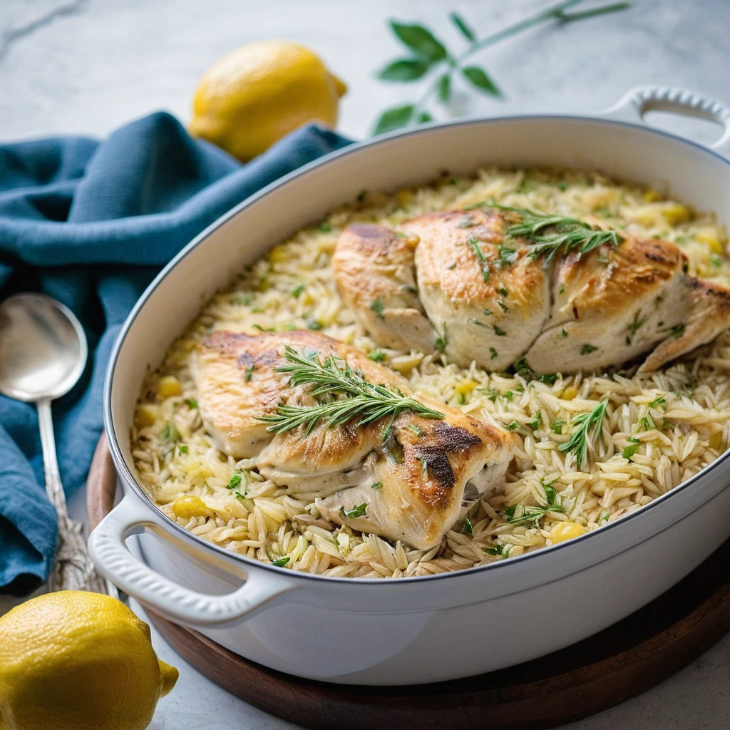 A golden casserole dish filled with lemon-infused orzo and tender chicken topped with melted cheese.