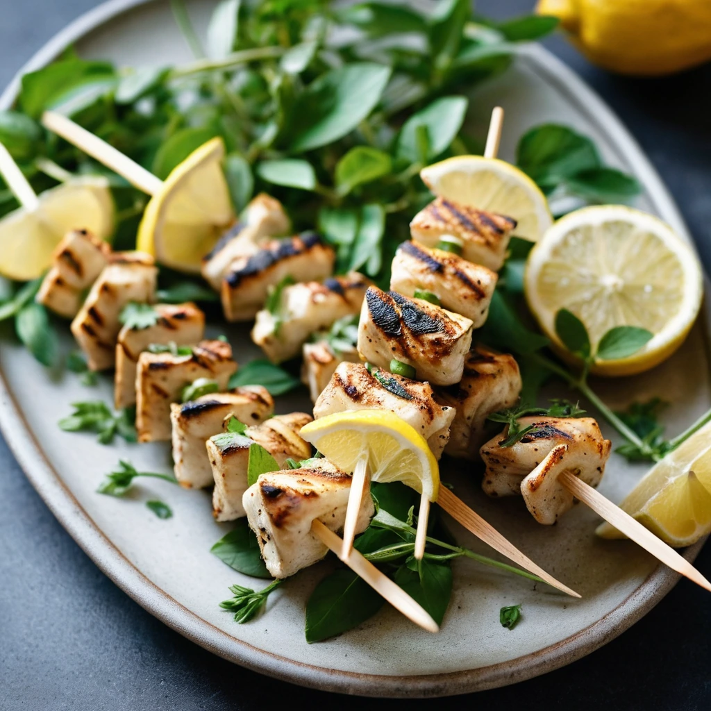 Golden chicken skewers on a platter with fresh oregano sprigs and lemon wedges