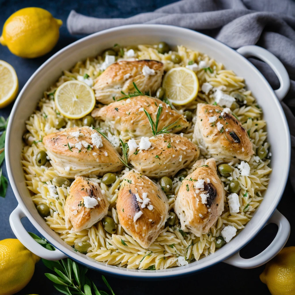 Golden chicken pieces atop a bed of lemon-infused orzo, dotted with green olives and feta, in a bubbly casserole dish.