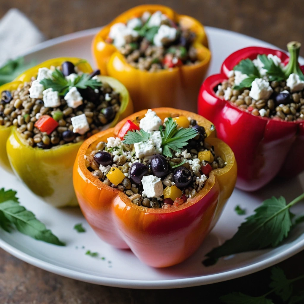 Colorful bell peppers halved and stuffed with a golden lentil and feta mixture, garnished with fresh parsley.