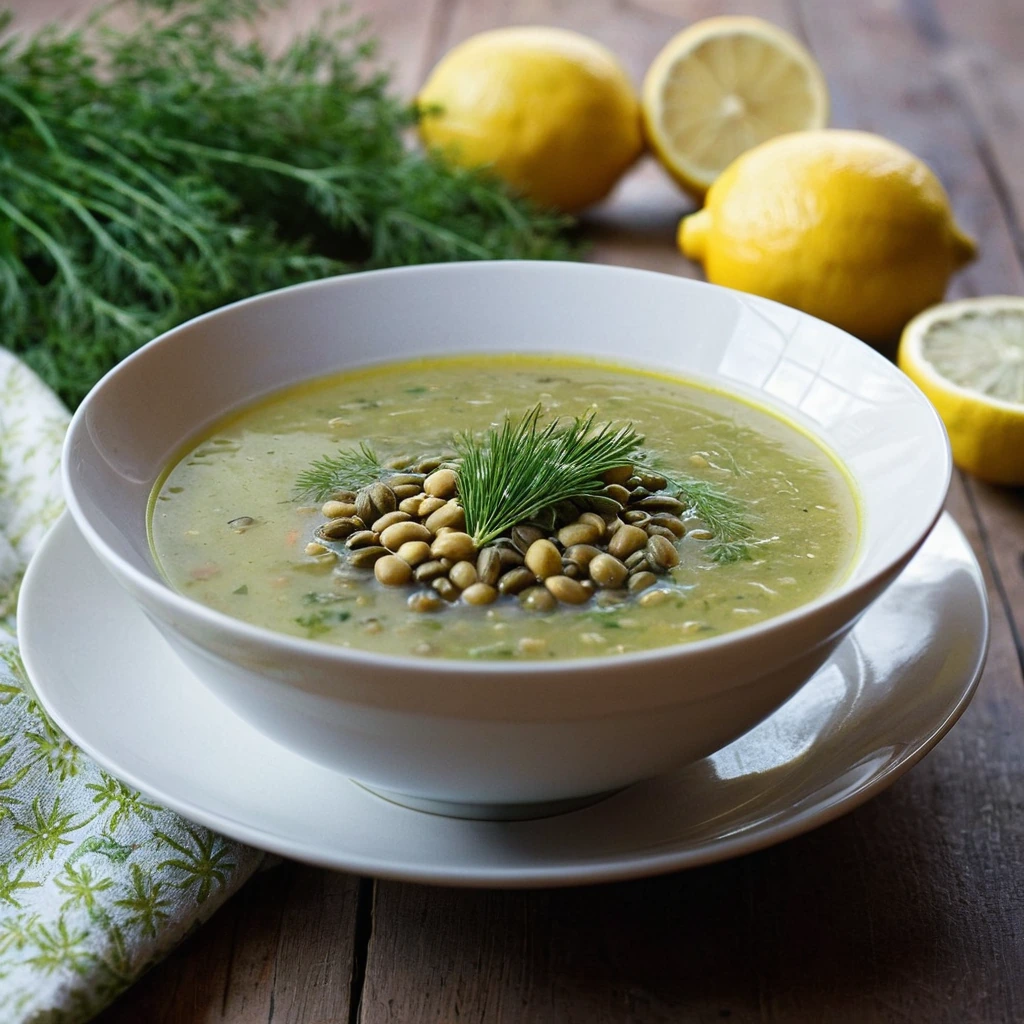 Bowl of vibrant yellow and green lentil soup topped with a sprig of dill and a wedge of lemon on a rustic wooden table.