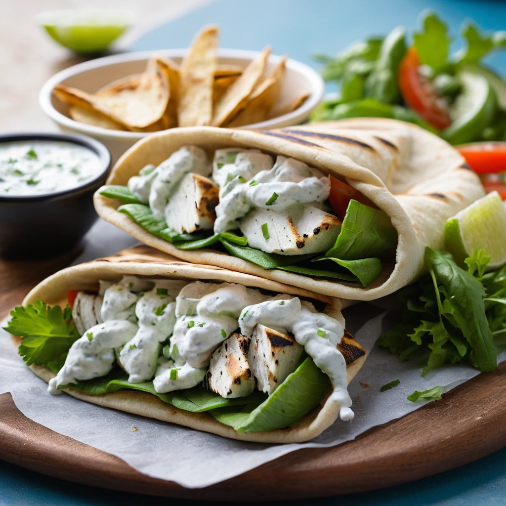 Warm pita bread stuffed with grilled chicken slices, tzatziki sauce, and fresh vegetables.