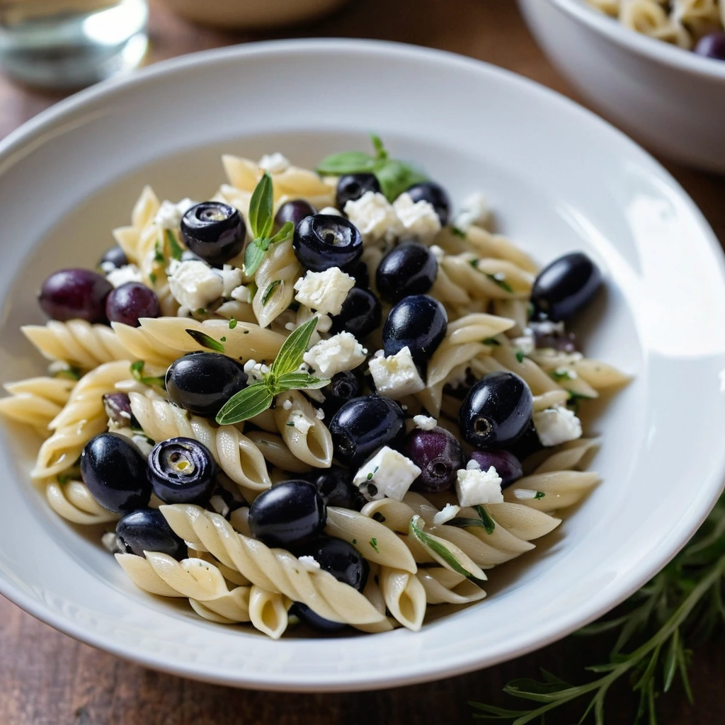 Colorful orzo pasta in a white bowl topped with feta crumbles and black olives, garnished with fresh parsley.
