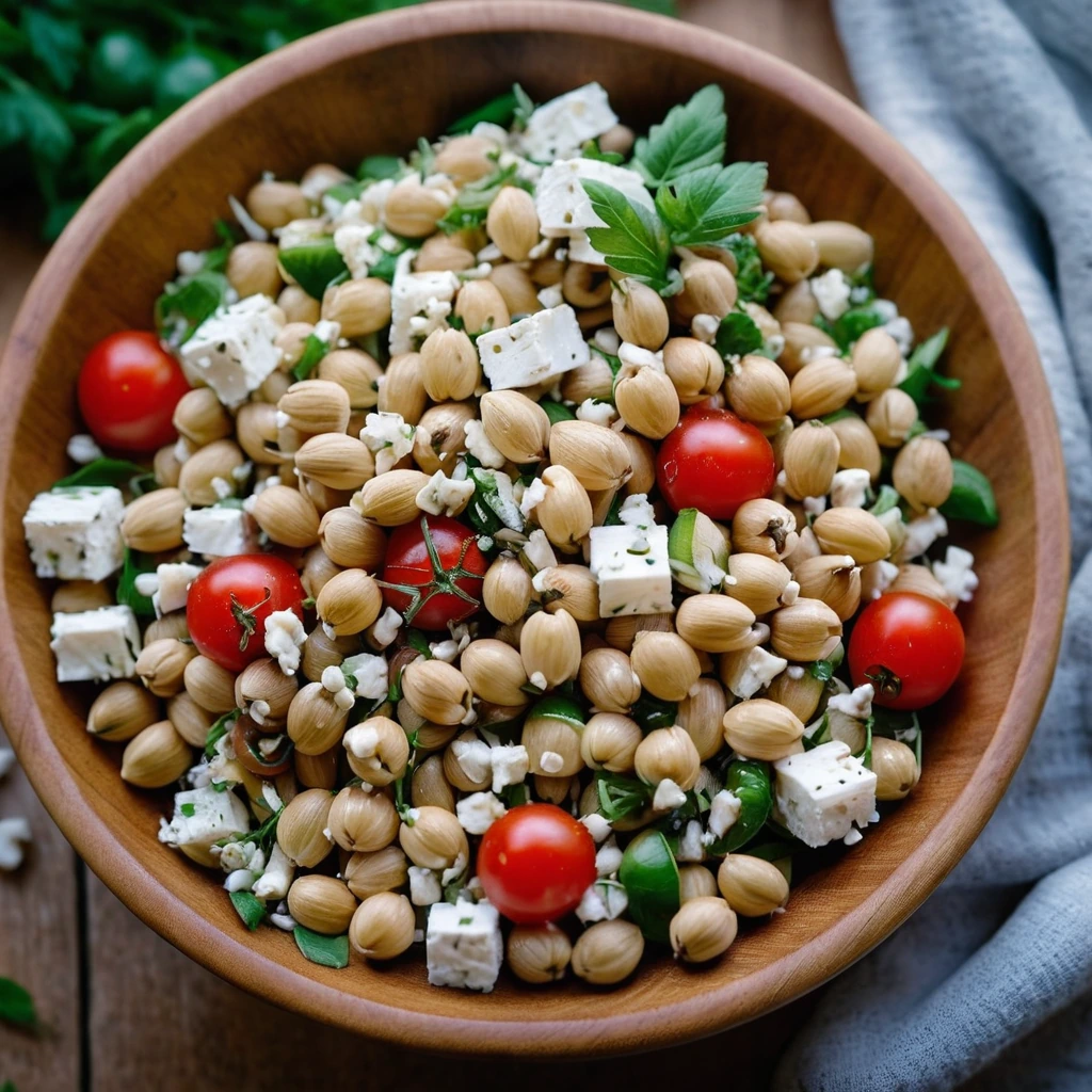 Colorful orzo salad in a wooden bowl with green parsley, feta cubes, and cherry tomatoes.