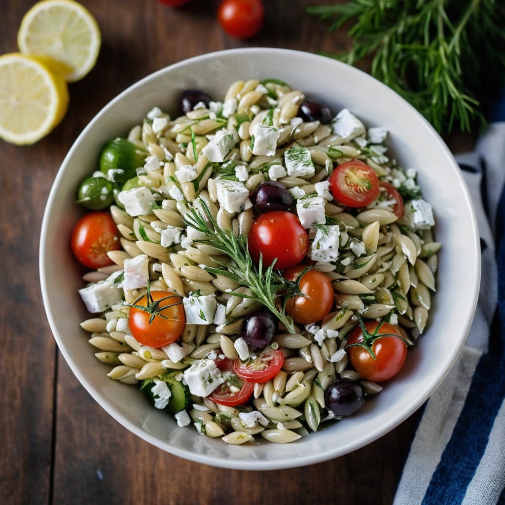 Colorful orzo pasta in a bowl topped with cherry tomatoes, cucumber, feta cheese, and fresh dill.