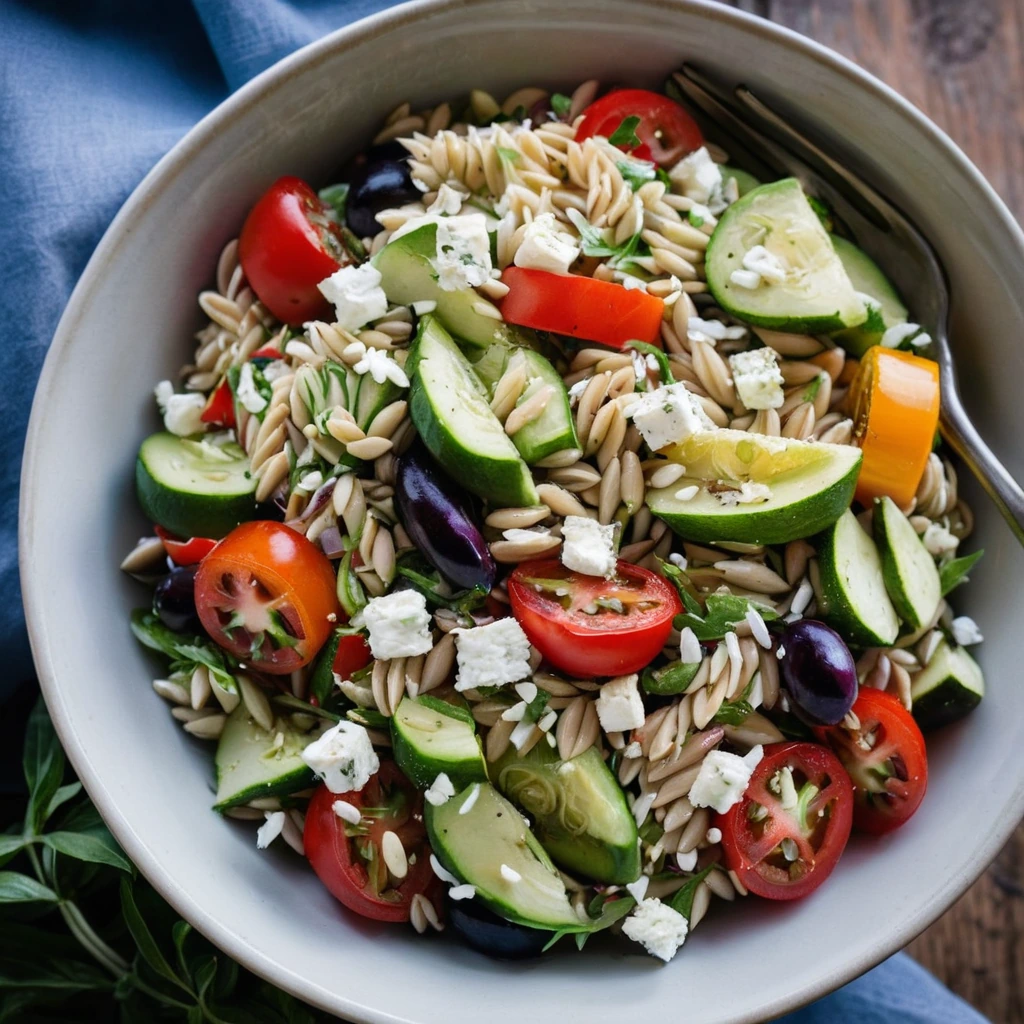 Colorful orzo salad in a bowl with roasted red peppers, zucchini, and feta cheese on top