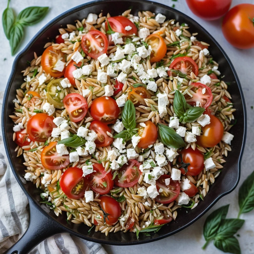 Golden orzo nestled with vibrant red tomatoes and white feta crumbles in a skillet, drizzled with olive oil.