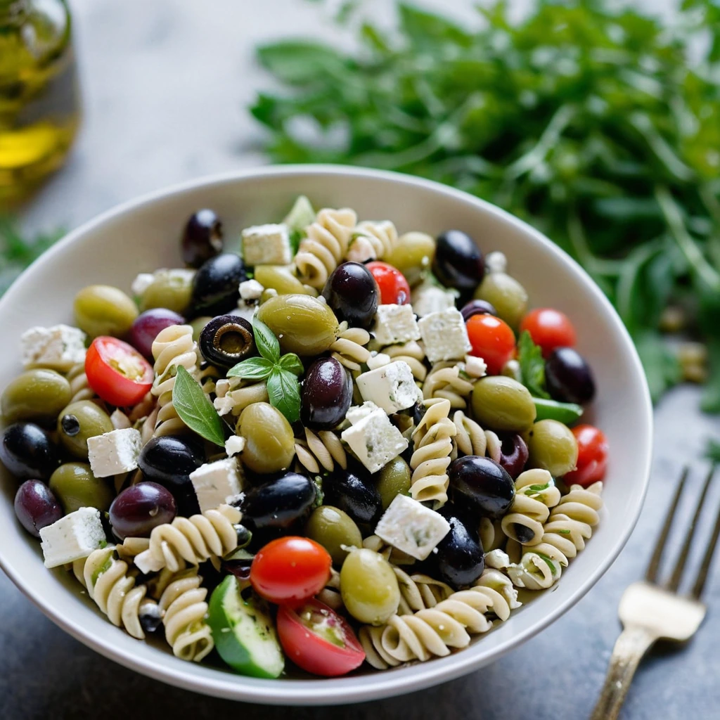 Colorful orzo pasta salad in a bowl with green olives, red bell peppers, feta cheese, and fresh parsley.