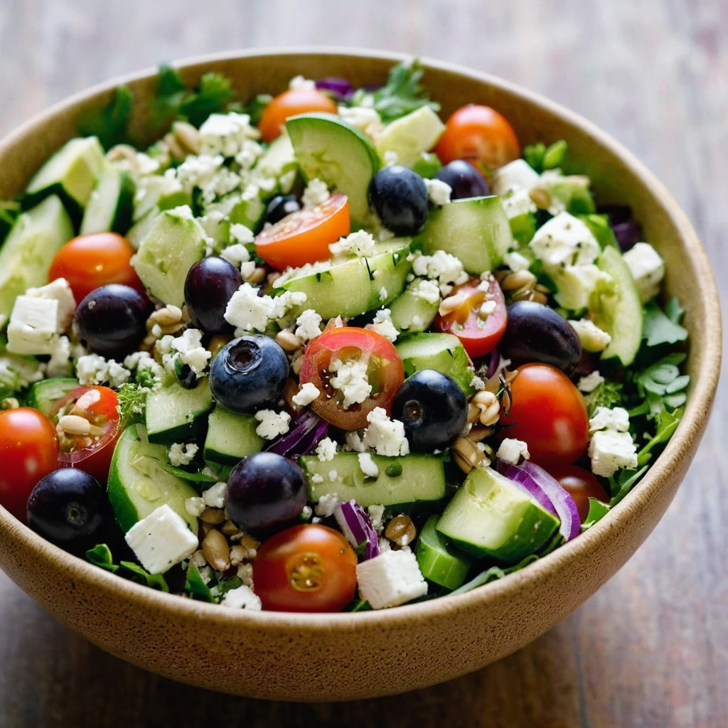 Colorful bowl of chopped salad with quinoa, tomatoes, cucumbers, feta, and olives.