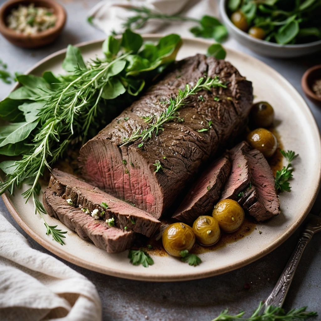 A succulent beef loin roast in a golden brown sauce, surrounded by fresh herbs on a rustic platter.