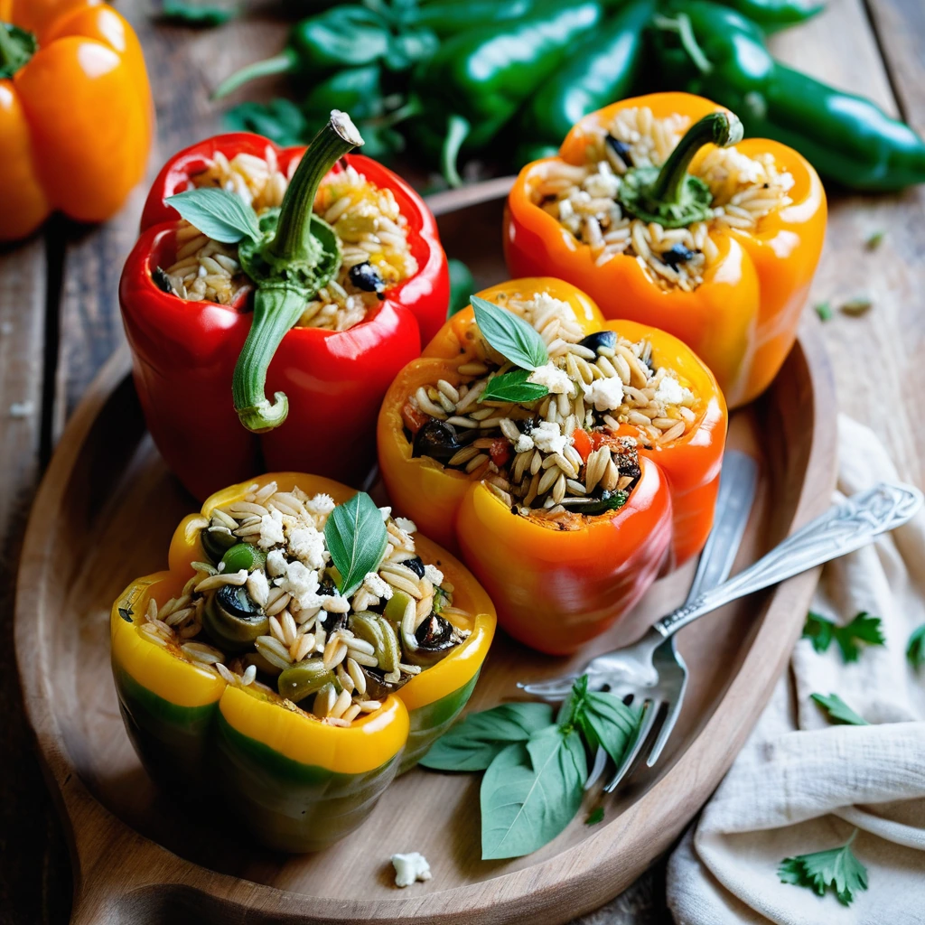 Four vibrant orange and green bell peppers stuffed with golden orzo and feta, arranged on a rustic wooden board.