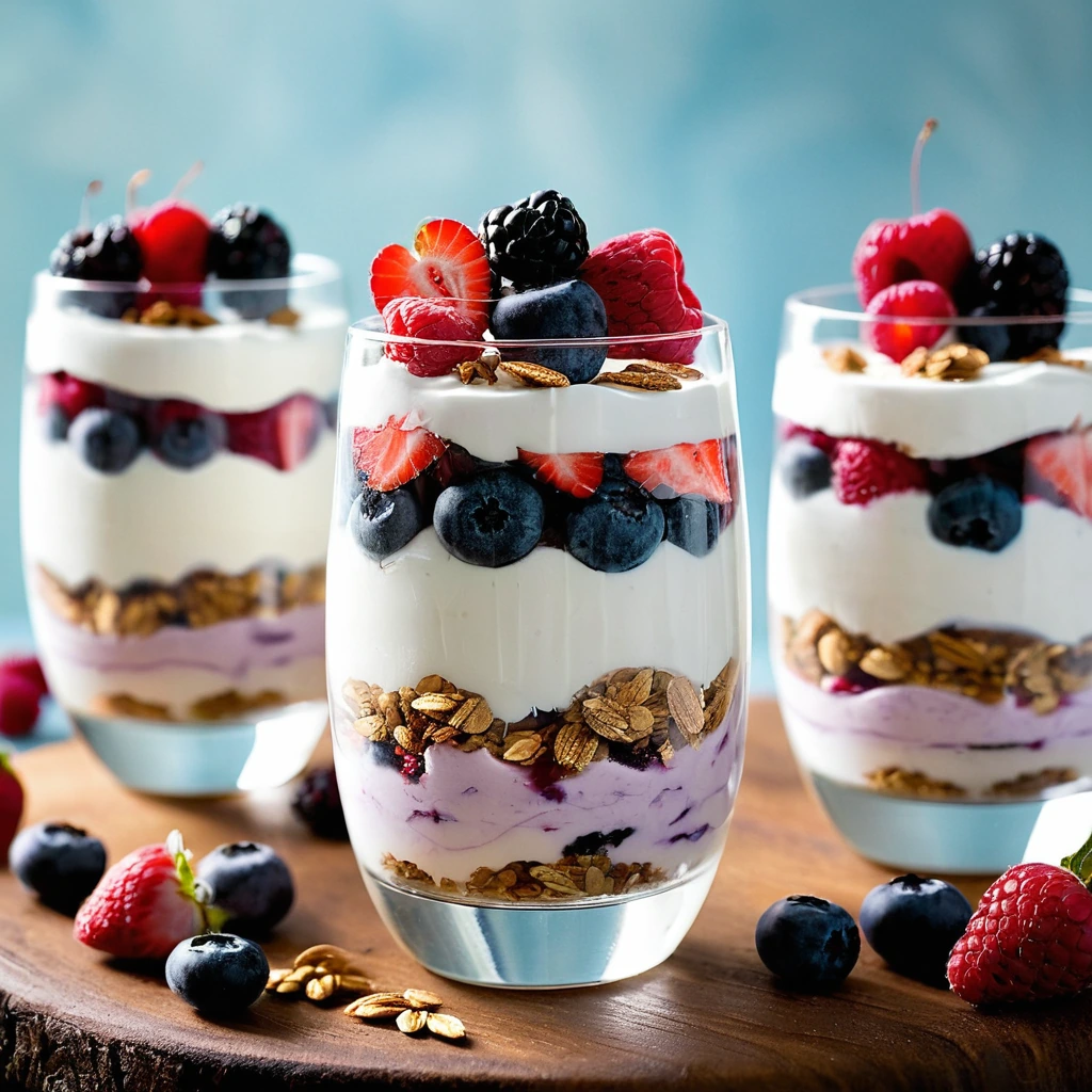 Layered parfait in clear glass with Greek yogurt, fresh berries, and granola.