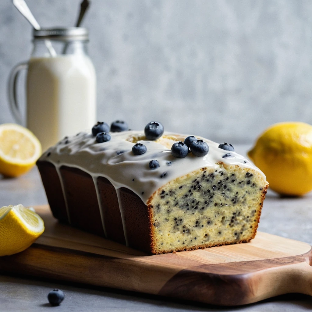 Golden loaf with a lemon glaze, sprinkled with poppyseeds, resting on a wooden board.