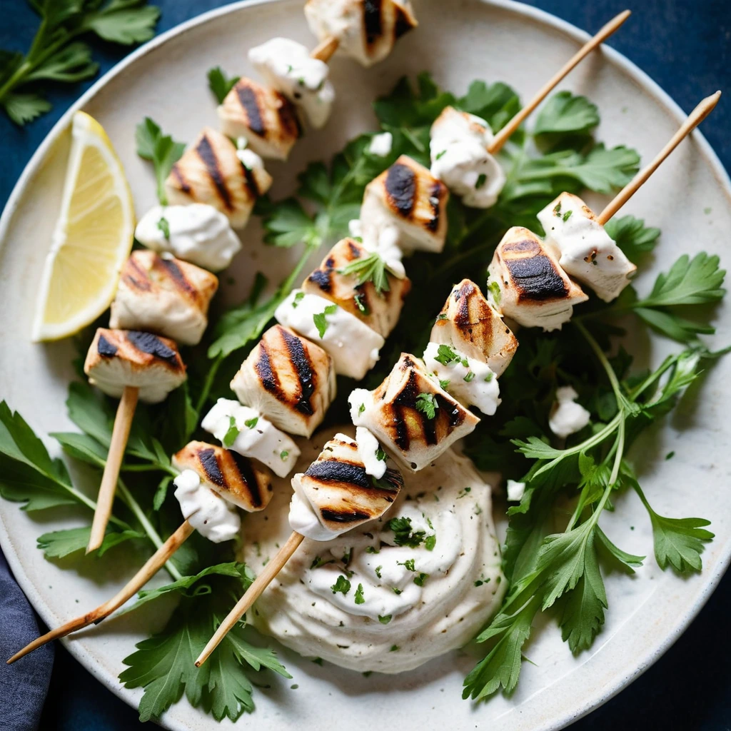 Grilled chicken skewers on a plate with lemon wedges and fresh parsley.