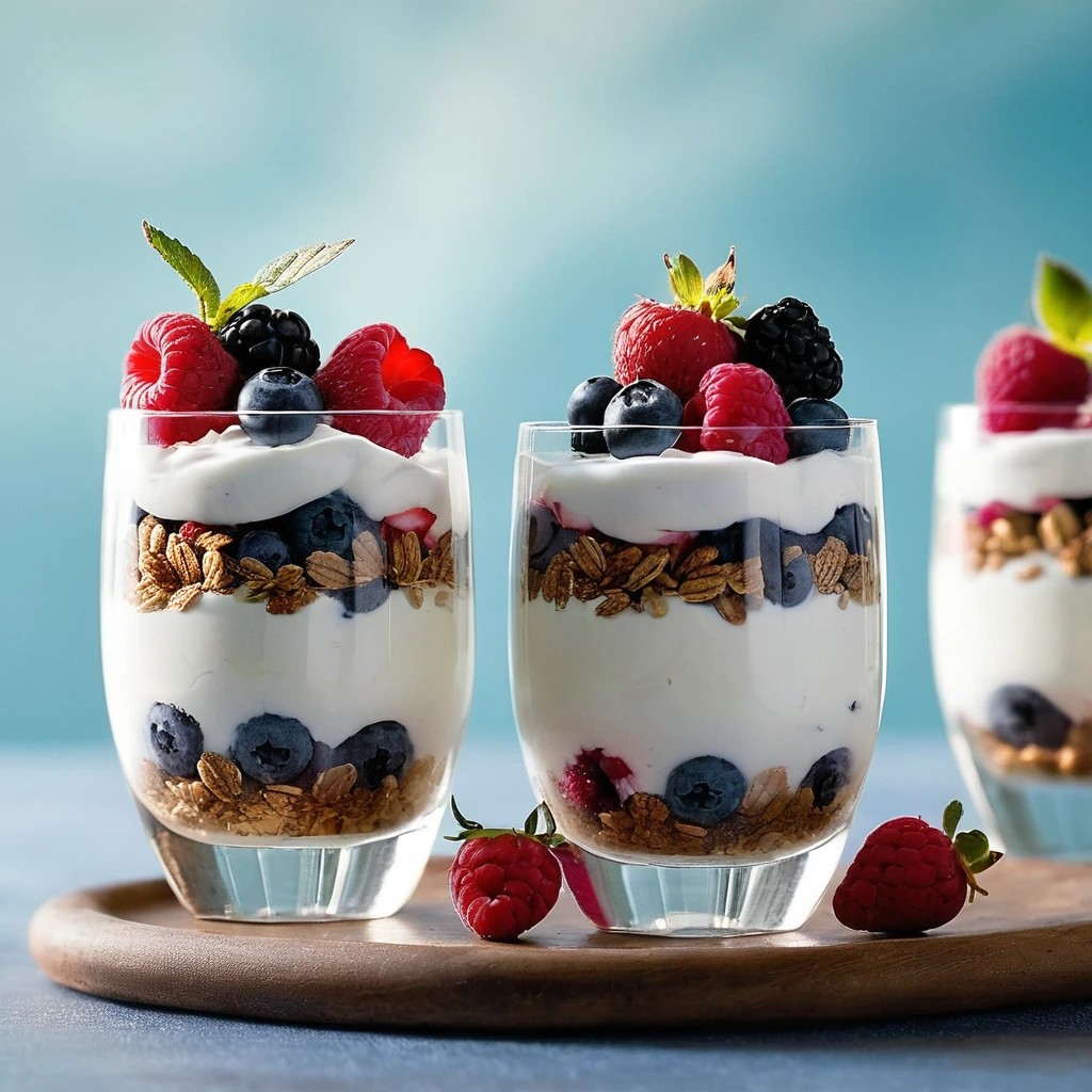 Layers of white Greek yogurt, mixed berries, and golden granola in a clear glass.