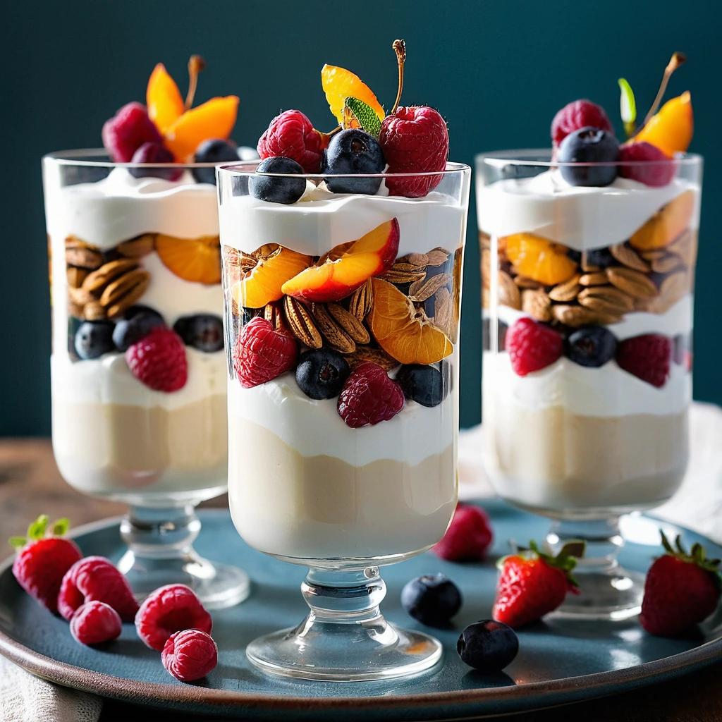Layers of creamy white yogurt and golden roasted fruit in a clear glass.