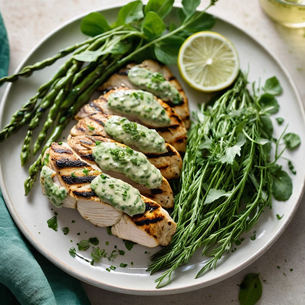 Grilled chicken breasts on a plate with vibrant green herbs and a drizzle of creamy marinade.
