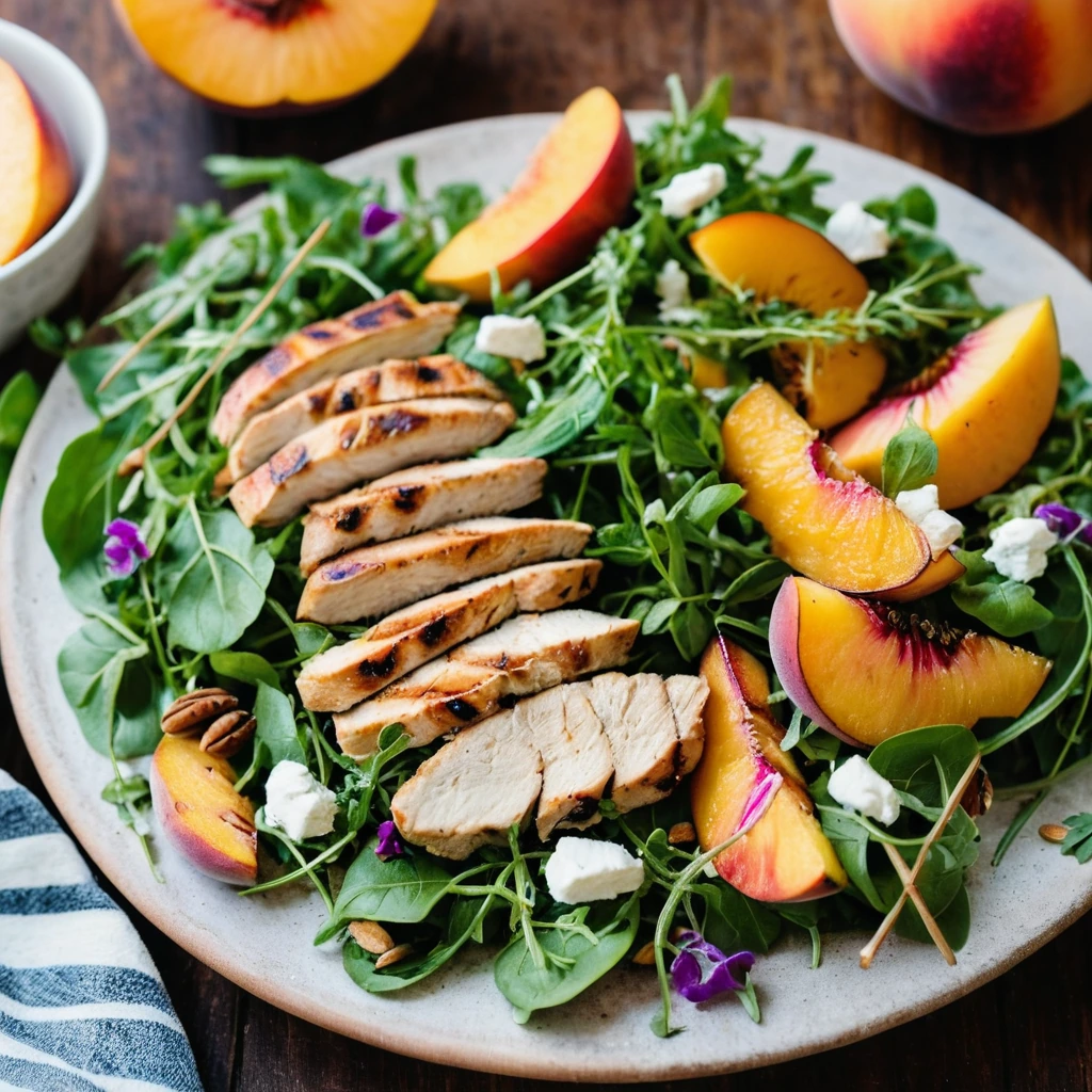 Colorful salad with grilled chicken slices, peach wedges, and vibrant arugula on a rustic wooden plate.