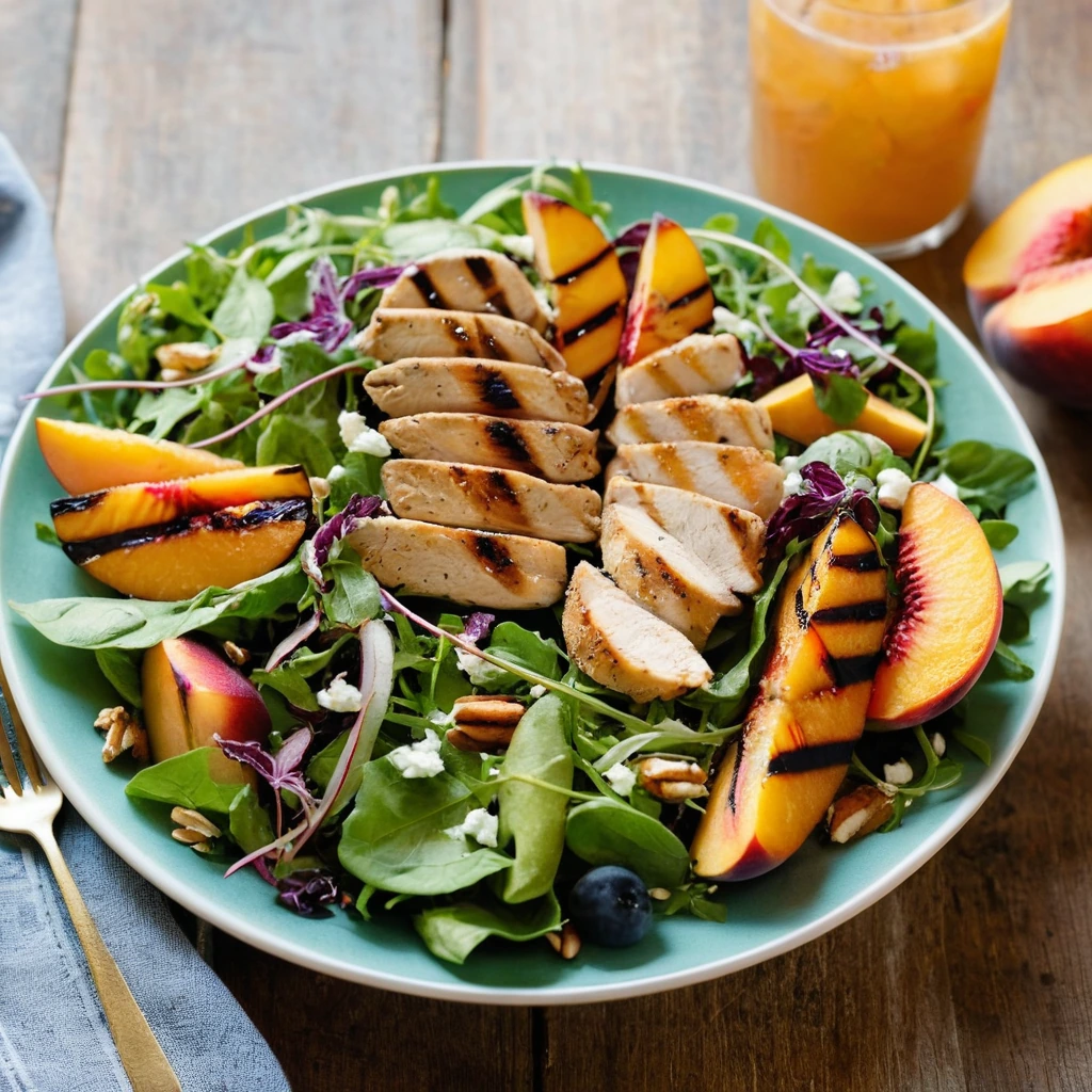 Colorful salad bowl with mixed greens, grilled chicken slices, peach wedges, and a drizzle of vinaigrette