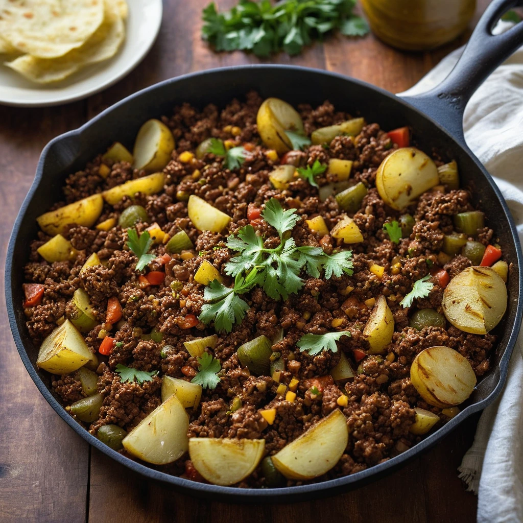 Golden-brown ground beef and diced potatoes in a rich, red sauce served in a sizzling skillet.