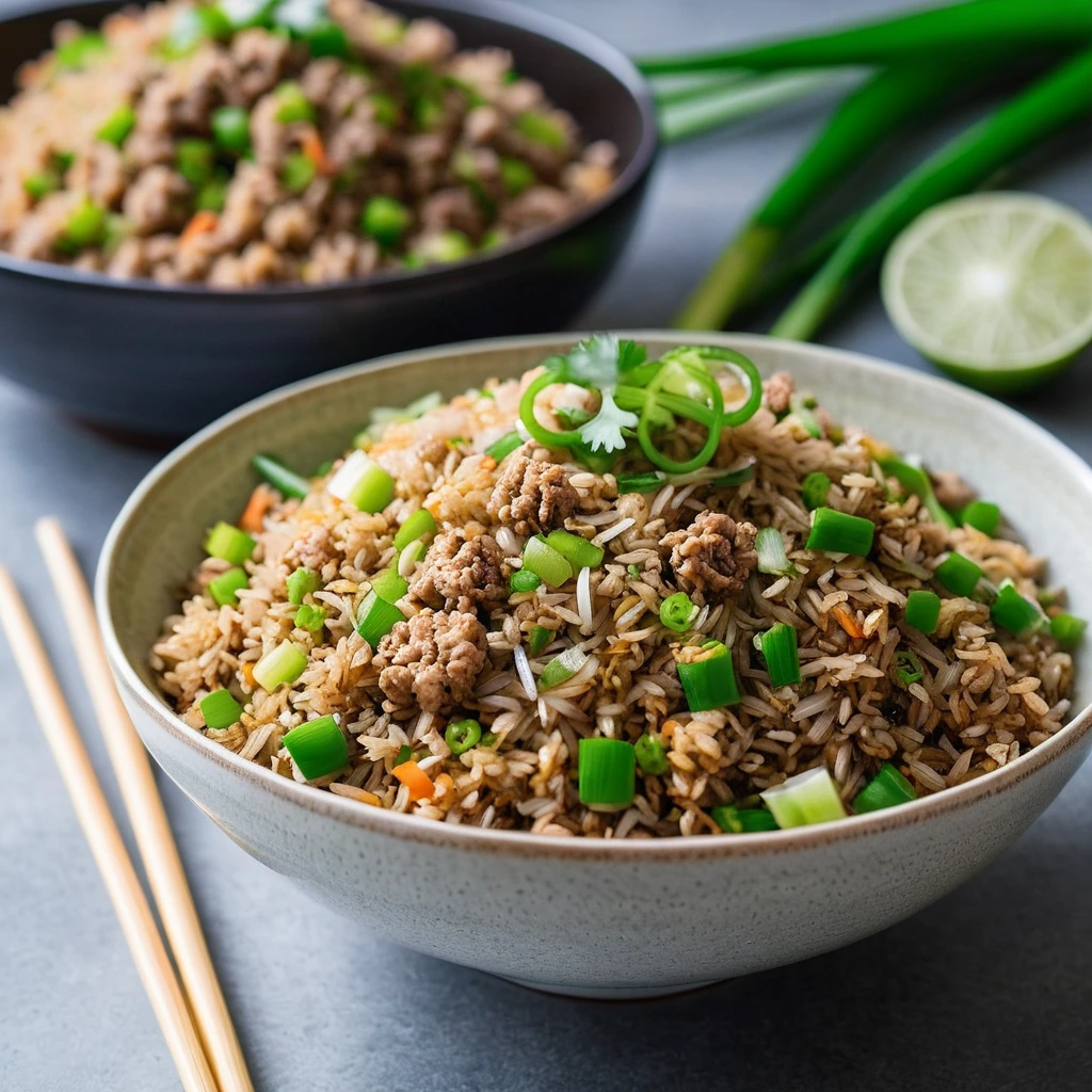 Steaming bowl of golden fried rice with flecks of green scallions and bits of ground pork