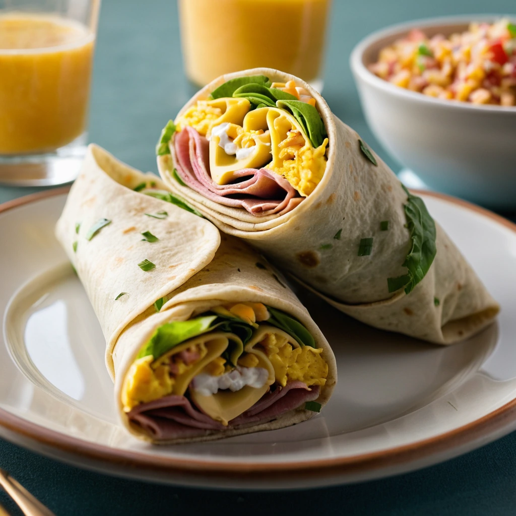 Two folded breakfast burritos on a plate, golden brown with melted cheese peeking out.