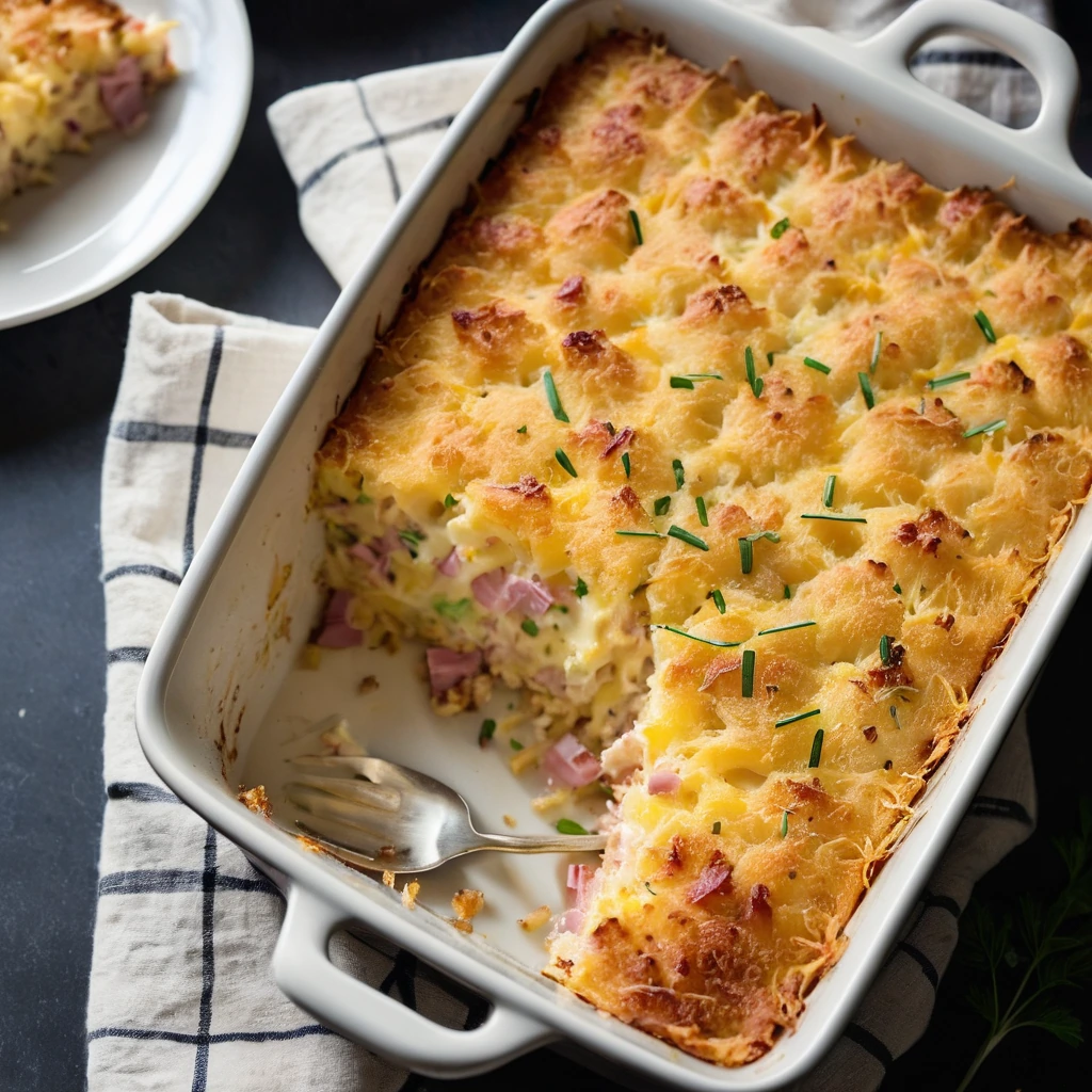 Browned hash browns topped with melted cheddar and diced ham in a baking dish.
