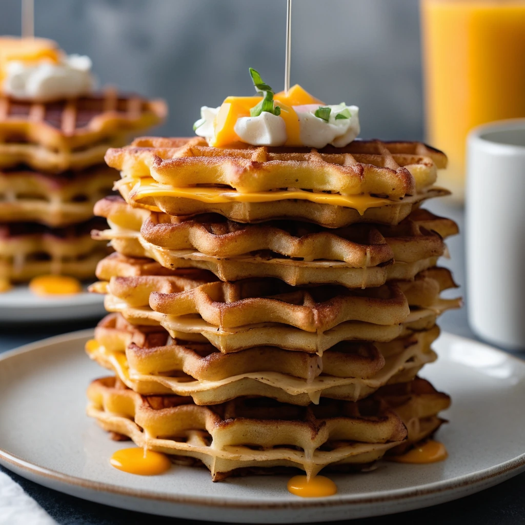 Stacked waffles with crispy edges, melted cheddar cheese, and diced ham nestled between layers.