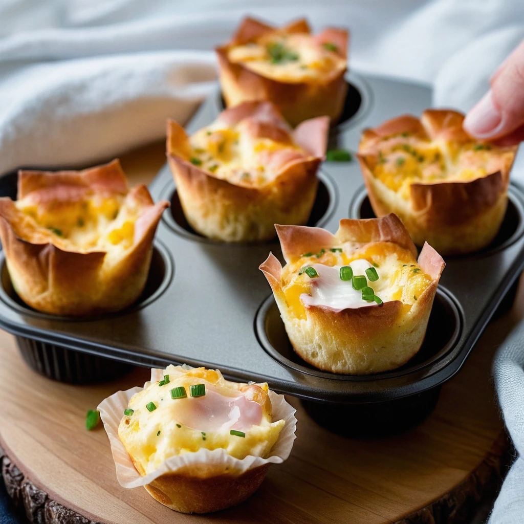 Muffin tin filled with golden egg cups topped with melted cheddar cheese and diced ham.
