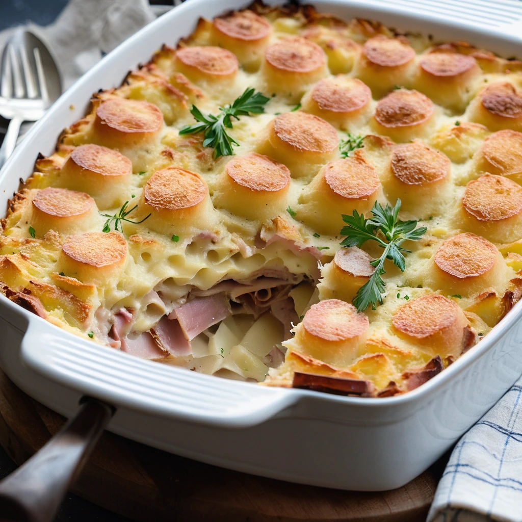 Golden bubbly casserole with layers of ham and potatoes, topped with a crispy cheese crust.