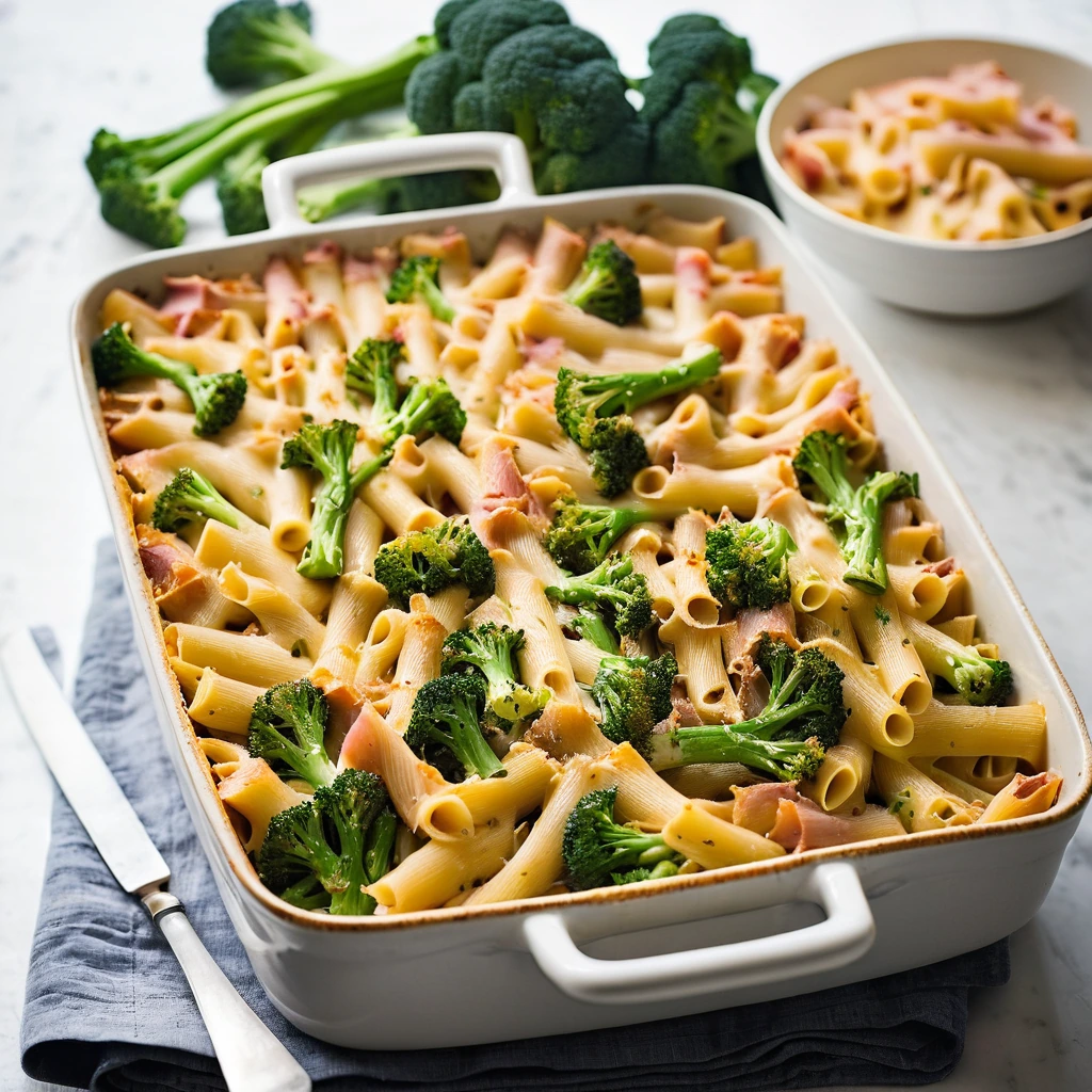 Baked pasta dish with green broccoli florets, melted orange cheddar cheese on top in a rectangular baking dish.